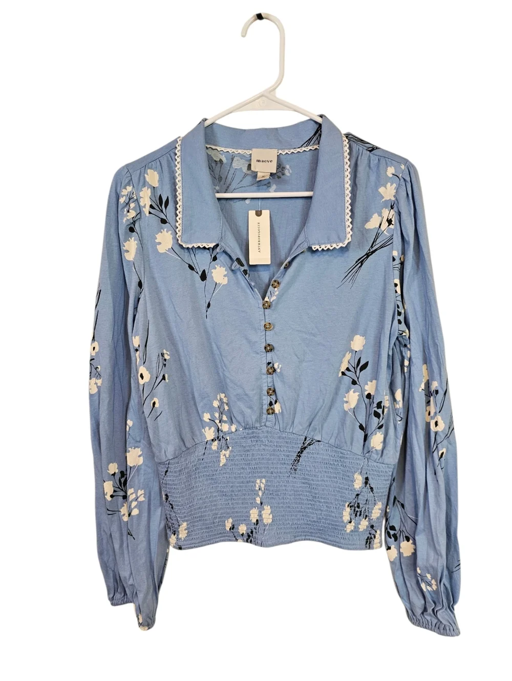 Maeve Anthropologie Smoked Floral Button Down Collared Blouse Top - Picture 2 of 7